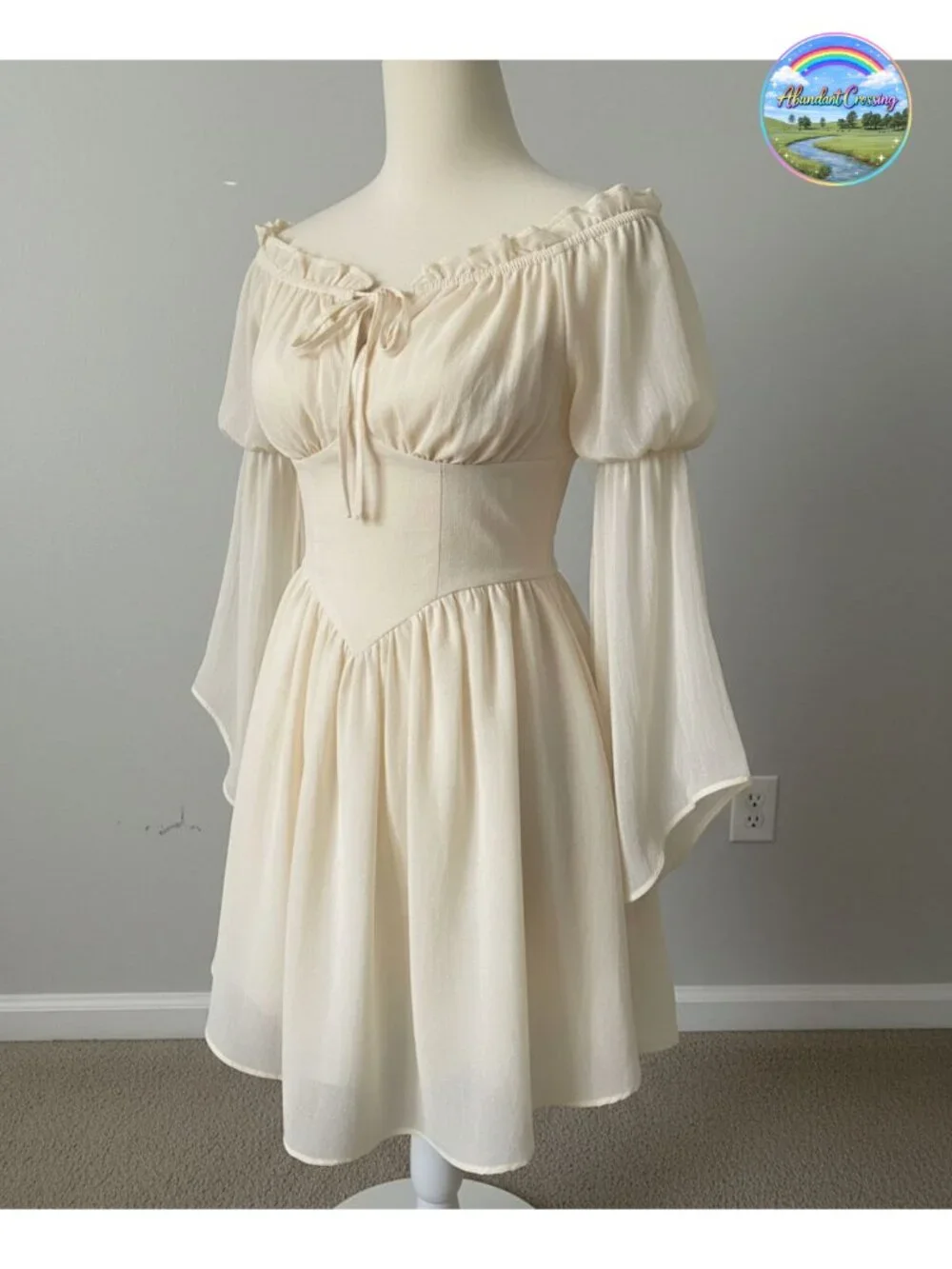 Renaissance Chiffon Dress Off Shoulder Bell Sleeve Corset Waist Pockets